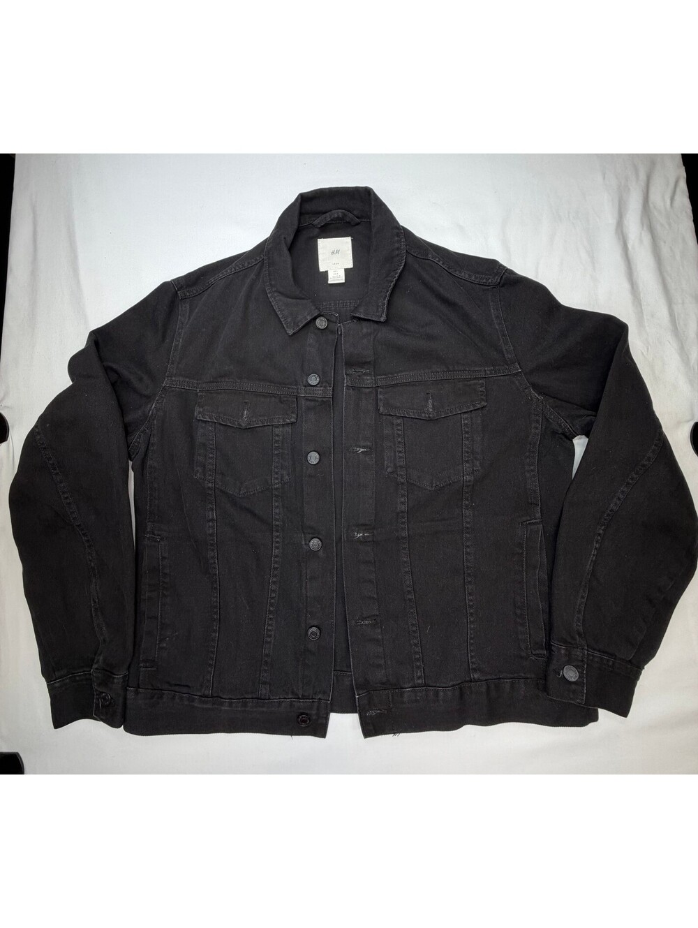H&M Men's Denim Jacket Button-Front Flap Pockets Solid Classic Size Large Black